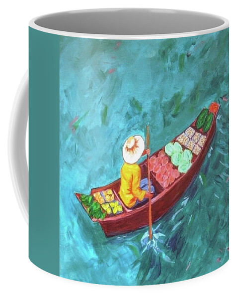 Teal Coffee Mug featuring the painting Selling produce by Gail Friedman
