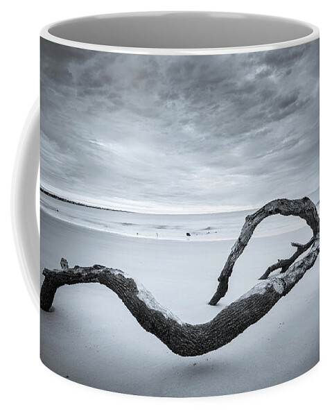 Driftwood Beach Coffee Mug featuring the photograph Serene Driftwood Beach In Black And White by Jordan Hill