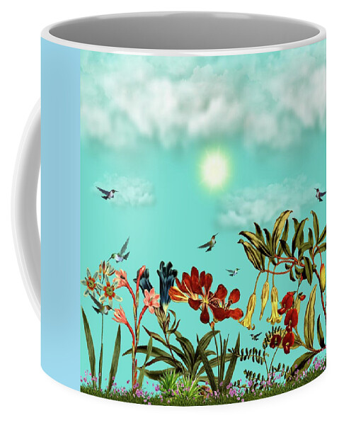 Hummingbird Coffee Mug featuring the mixed media Seven Hummingbirds in the Garden by David Dehner