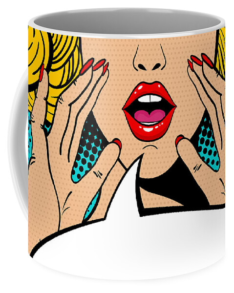 Sexy surprised blonde pop art woman with open mouth and rising hands  screaming announcement. Vector background in comic retro pop art style.  Party invitation. Coffee Mug by Tysia - Pixels
