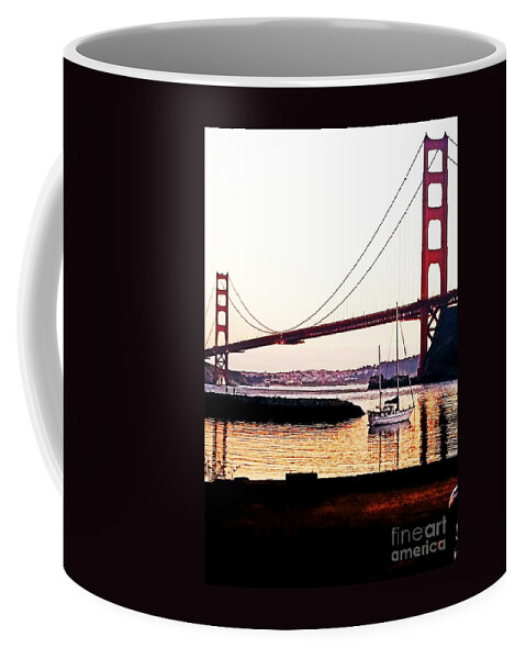 Golden Gate Bridge Coffee Mug featuring the painting SF Fog Meets October Sunset by Artist Linda Marie