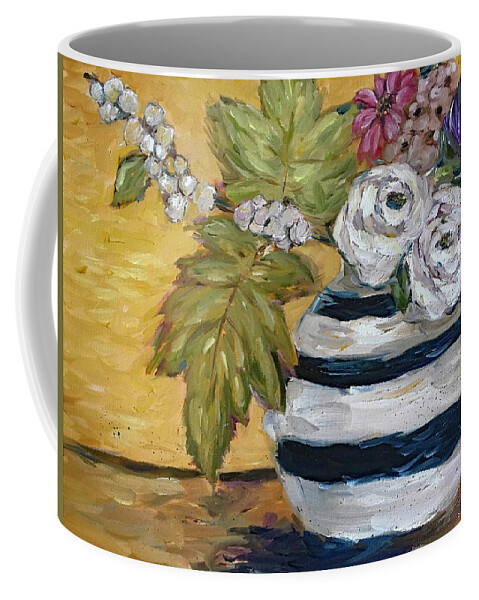 Shabby Roses Coffee Mug featuring the painting Shabby Roses in a Striped Porcelain Vase by Roxy Rich