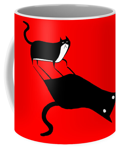 Cat Feline Pet Animal Moggie Tuxedo Prowl Hunt Shadow Light Light And Shadow Stretched Dark Eyes Ears Tail Spooky Whimsical Fun Cartoon Illustration Drawing Pen And Ink Ink Drawing Monochrome Black And White Coffee Mug featuring the drawing Shadow by Andrew Hitchen
