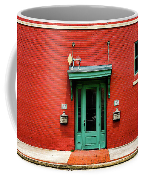 Red Coffee Mug featuring the photograph Red Wall, Green Door and Window by Glen Carpenter