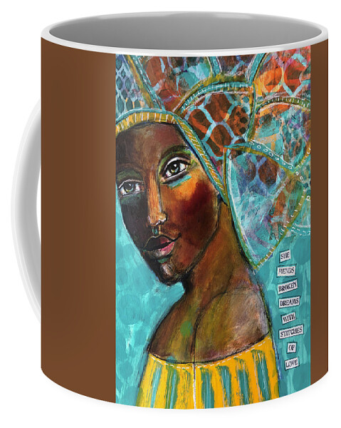 Inspire Coffee Mug featuring the mixed media She mends broken dreams by Lynn Colwell