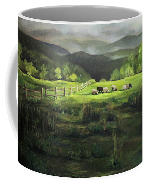 Green Mountains Coffee Mug featuring the painting Sheep of Norwich Vermont by Nancy Griswold