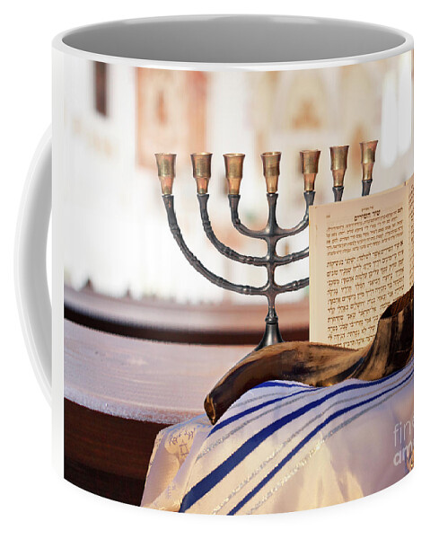 Shofar Coffee Mug featuring the photograph Shofar, Menorah and Jewish prayer book by Stella Levi