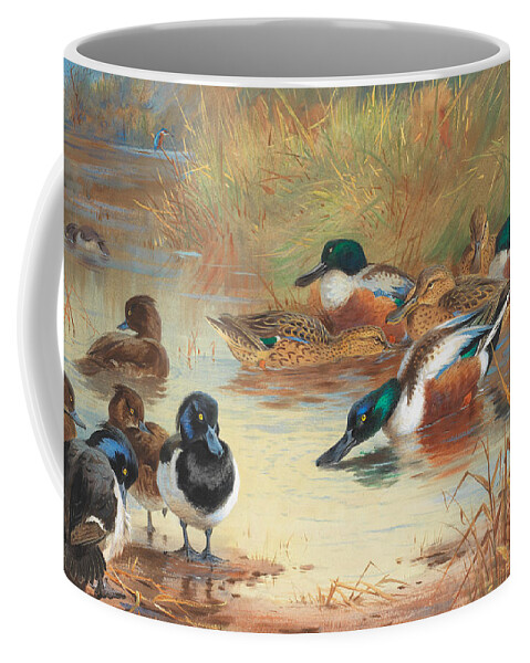 Cityscape Coffee Mug featuring the painting Shoveler and Tufted Duck with a Kingfisher at the water's ed by Celestial Images