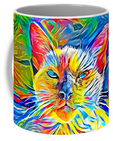 Siamese Cat Coffee Mug featuring the digital art Siamese cat face in the sun - colorful zebra pattern painting by Nicko Prints