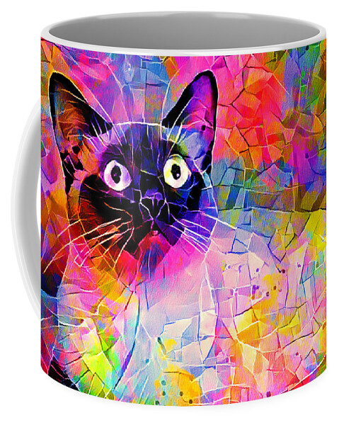 Alerted Cat Coffee Mug featuring the digital art Siamese cat with a worried expression - colorful irregular tiles mosaic effect by Nicko Prints