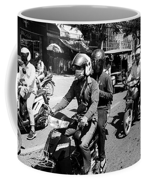 Asia Coffee Mug featuring the photograph Siem Reap cambodia street motorbikes black and whiite by Sonny Ryse