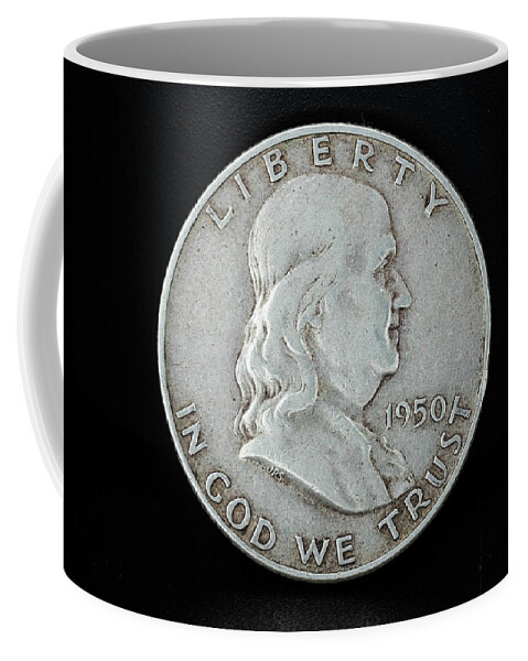 Silver Coffee Mug featuring the photograph Silver Coins Ben Franklin Half Dollar Face by Amelia Pearn