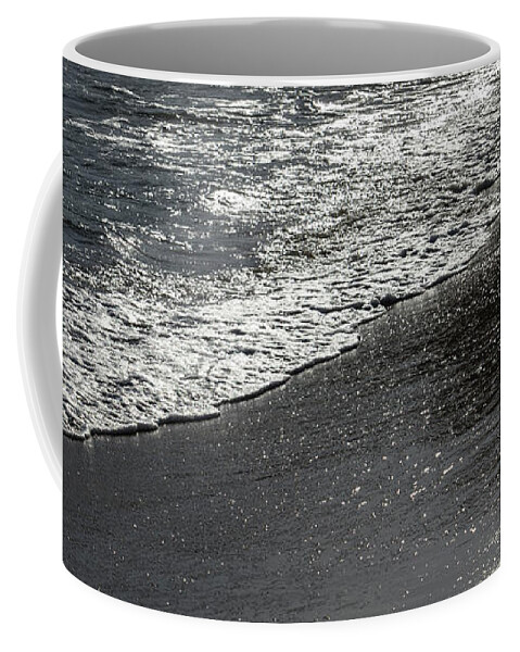Sandy Beach Coffee Mug featuring the photograph Silver sea water meets sand 4, Mediterranean coast by Adriana Mueller