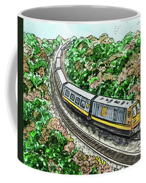 Train Coffee Mug featuring the painting Silver Yellow Train Railway Through The Trees Watercolor by Irina Sztukowski