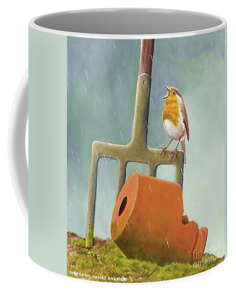 Robin Coffee Mug featuring the painting Singing in the Rain by Gordon Palmer