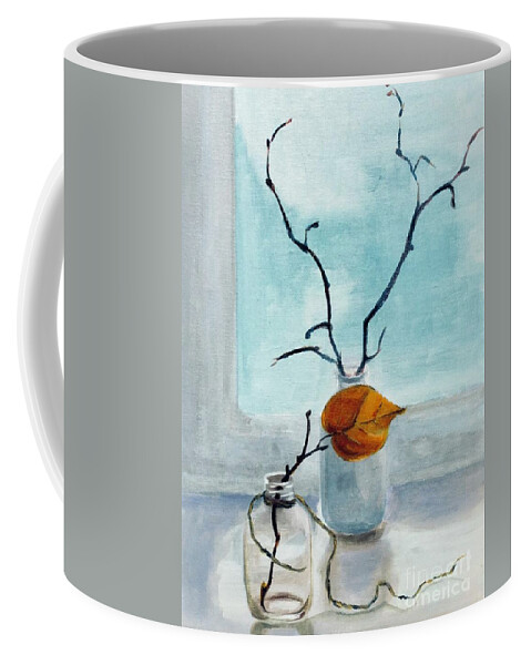 Single Coffee Mug featuring the painting Single leaf by Lana Sylber