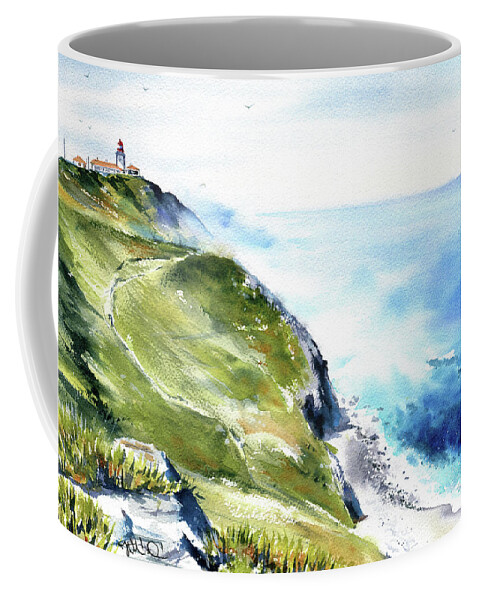Portugal Coffee Mug featuring the painting Sintra Cabo Da Roca Lighthouse Portugal by Dora Hathazi Mendes
