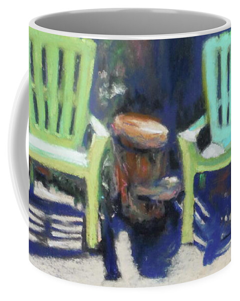 Green Chairs Coffee Mug featuring the pastel Sit Awhile by Sandra Lee Scott