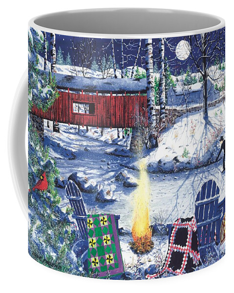 Covered Bridge Coffee Mug featuring the painting Skater's Bonfire by Diane Phalen