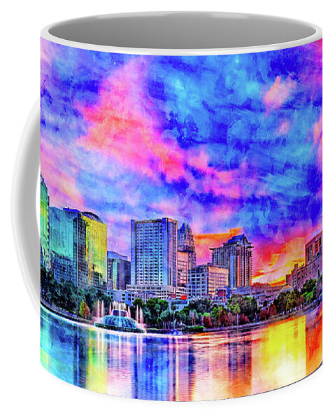 Downtown Orlando Coffee Mug featuring the digital art Skyline of downtown Orlando, Florida, seen at sunset from lake Eola - ink and watercolor by Nicko Prints