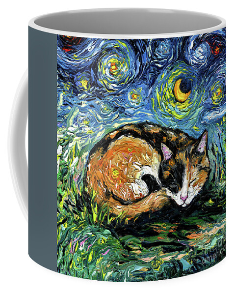 Calico Coffee Mug featuring the painting Sleepy Calico Night by Aja Trier