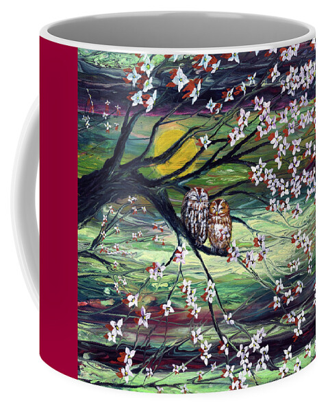 Owls Coffee Mug featuring the painting Sleepy Owls in Dogwood Blossoms by Laura Iverson