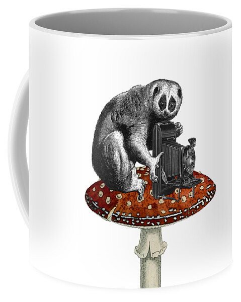 Slow Loris Coffee Mug featuring the digital art Slow loris with antique camera by Madame Memento