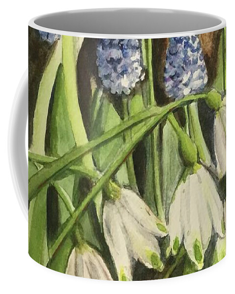 Spring Coffee Mug featuring the painting Snow bells and blue bells by Sonia Mocnik