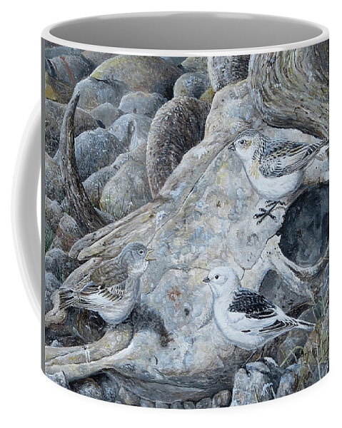 Barry Kent Mackay Coffee Mug featuring the painting Snow Buntings with Young by Barry Kent MacKay
