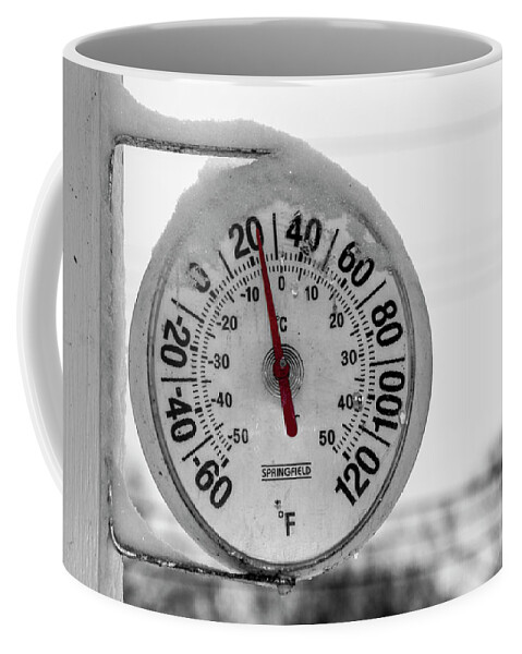 Thermometer Coffee Mug featuring the photograph Snow Covered Thermometer by Cathy Kovarik