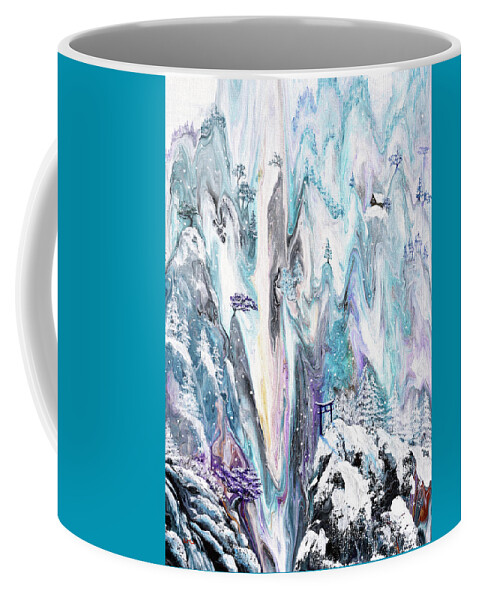 Torii Coffee Mug featuring the painting Snow Falling Quietly on Torii by Laura Iverson