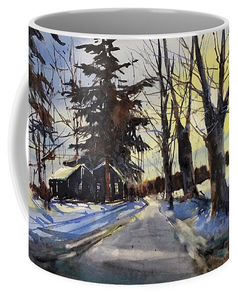 Landscape Coffee Mug featuring the painting Snow Glow on Thomas Road by Judith Levins
