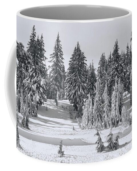 Black And White Pines Coffee Mug featuring the photograph Snow Pines Black and White by Cathy Anderson