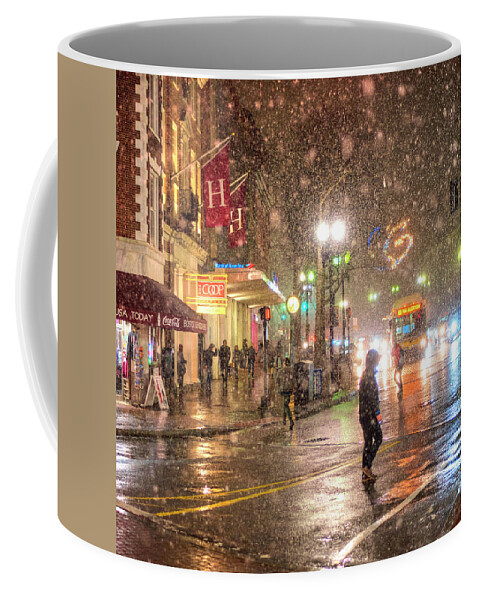 Harvard Coffee Mug featuring the photograph Snowfall in Harvard Square Cambridge MA COOP Square by Toby McGuire