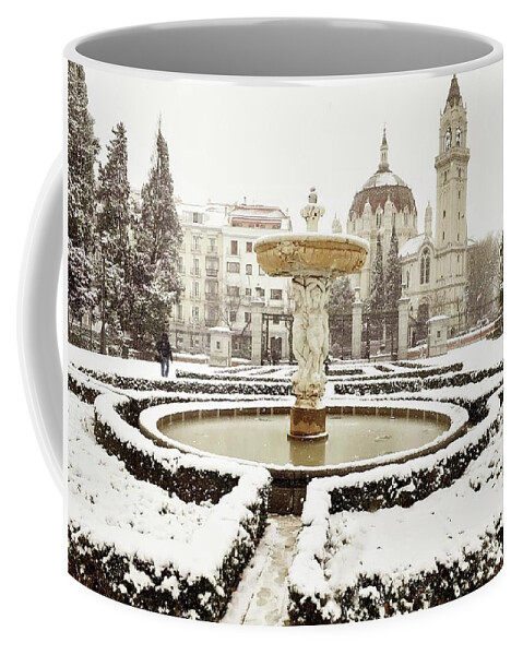 Fountain. Retiro Park Coffee Mug featuring the photograph Snowing at Retiro park. Madrid. Spain by Carolina Prieto Moreno