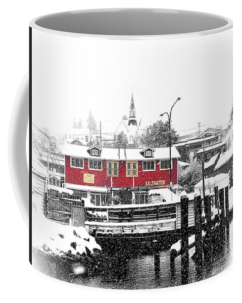 Selective Color Coffee Mug featuring the photograph Snowing Poulsbo Waterfront by Jerry Abbott