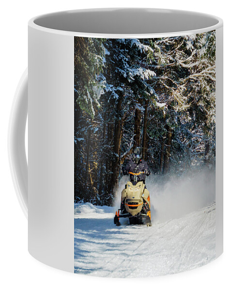 America Coffee Mug featuring the photograph Snowmobiler Riding Down Trail - Pittsburg, New Hampshire by John Rowe