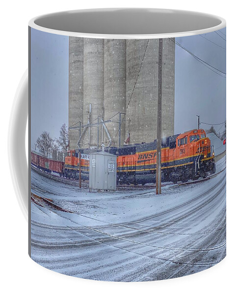 Snow Coffee Mug featuring the photograph Snowy Freight Train by Jerry Abbott