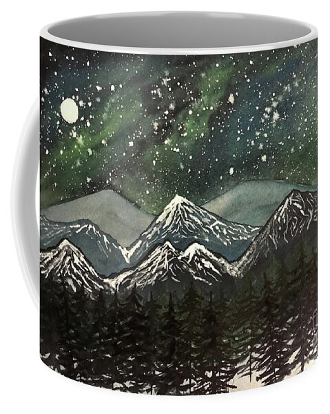 Snowy Mountains Coffee Mug featuring the painting Snowy Mountains with Aurora by Lisa Neuman