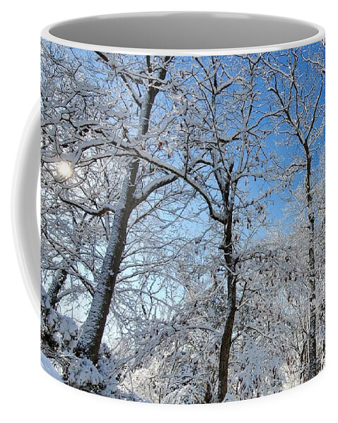 Snow Covered Coffee Mug featuring the photograph Snowy Trees and Blue Sky by Stacie Siemsen