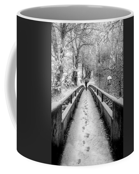 Bridge Coffee Mug featuring the photograph Snowy Walk in Black and White by Debra and Dave Vanderlaan