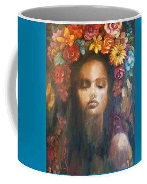 Solstice Woman Flowers Summer Portrait Oil Canvas Coffee Mug featuring the painting Solstice Soul by Caroline Philp