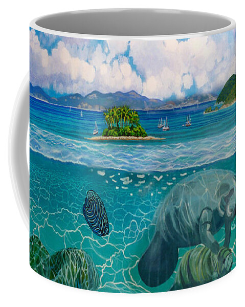 Manatees Coffee Mug featuring the painting South Pacific Paradise with Manatees Towel Version by Bonnie Siracusa