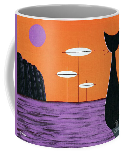 Mid Century Modern Coffee Mug featuring the painting Space Cat in Orange and Purple by Donna Mibus