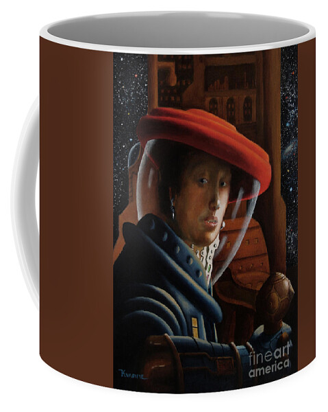 Astronaut Coffee Mug featuring the painting Spacegirl with Red Helmet - after Vermeer by Ken Kvamme