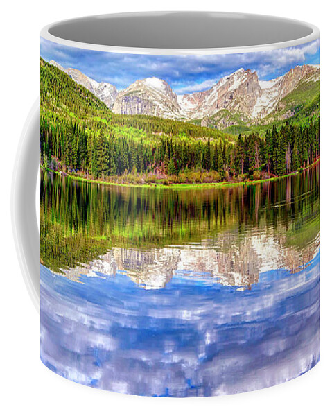  Coffee Mug featuring the photograph Spring Morning Scenic View Of Sprague Lake Against Cloudy Sky by Lena Owens - OLena Art Vibrant Palette Knife and Graphic Design