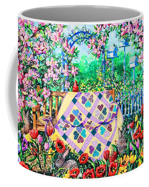 Garden Bench Coffee Mug featuring the painting Springtime Hearts and Flowers by Diane Phalen