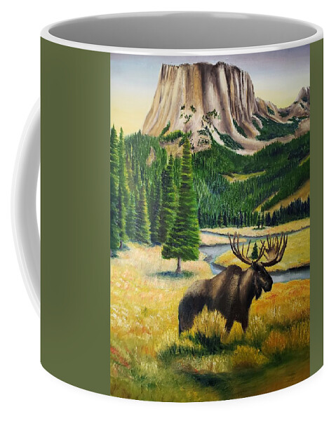 Moose Landscape Mountain Coffee Mug featuring the painting Square Top Evening with Moose by Joseph Eisenhart