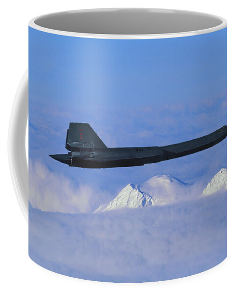 Lockheed Sr-71 Blackbird Coffee Mug featuring the mixed media SR-71 Blackbird Over Snowcapped Mountains by Erik Simonsen
