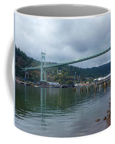 St. John’s Bridge Coffee Mug featuring the photograph St Johns Bridge Shoreline by Doug Ash